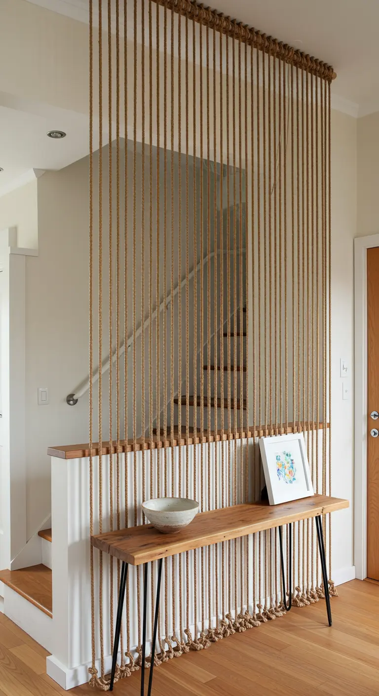 Separador de ambientes hecho con cuerdas de yute tensadas verticalmente en una entrada.