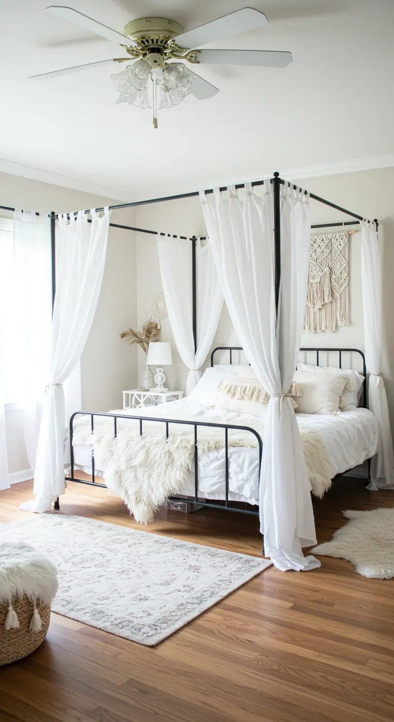 Cama con dosel negro y cortinas blancas, decorada con cojines texturizados y un tapiz de macramé.