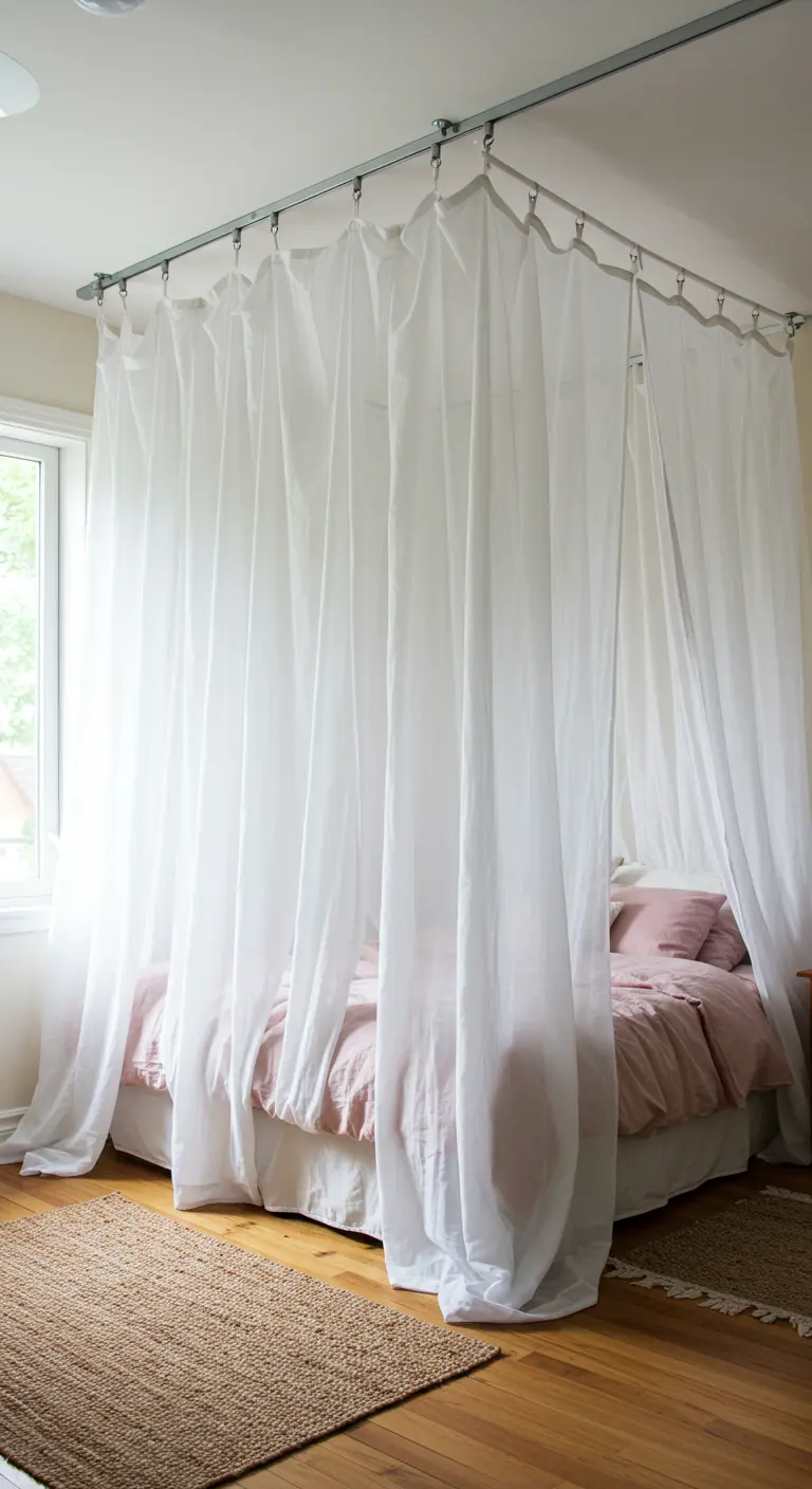 Cama con dosel creada con cortinas blancas transparentes colgadas de un riel de techo.