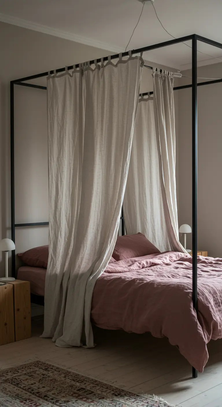 Dormitorio romántico con cama con dosel de metal negro y cortinas de lino