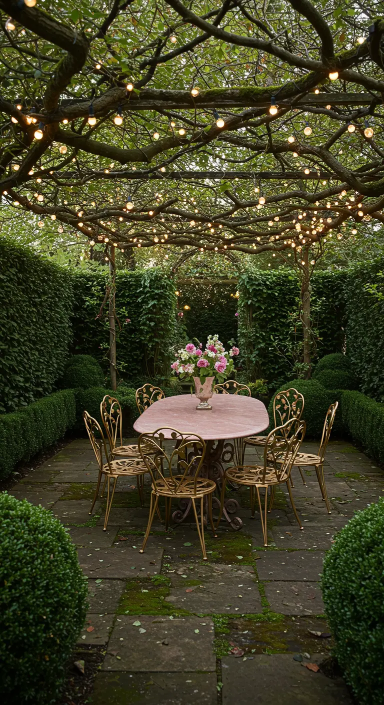 Jardín íntimo con una mesa y sillas doradas bajo un árbol cuyas ramas están cubiertas de luces