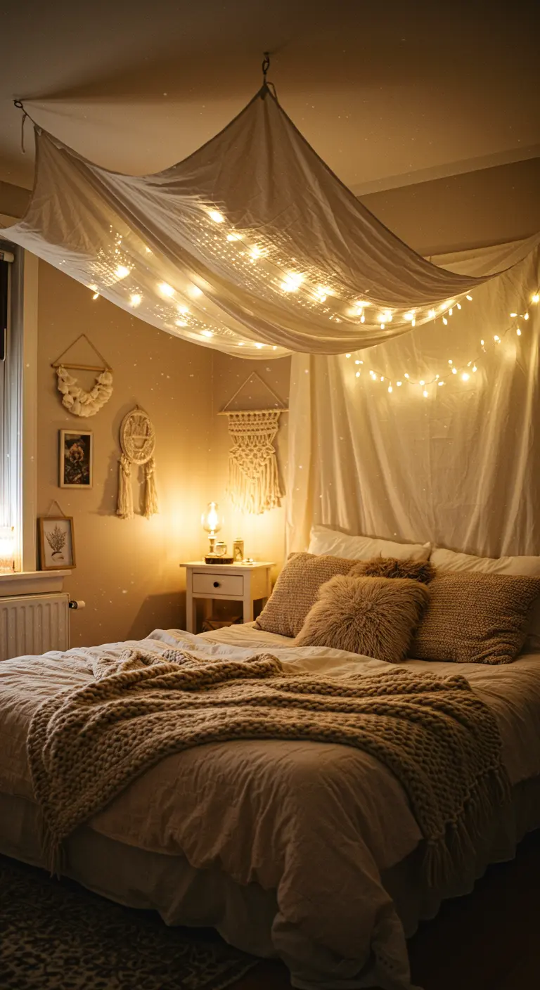 Cama bajo un dosel de tela blanca y guirnaldas de luces creando un ambiente mágico.