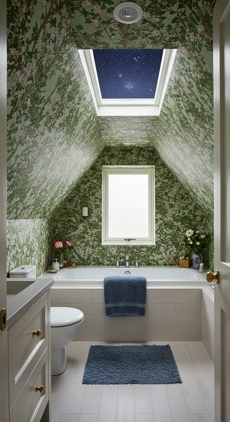 Baño en un ático con paredes y techo empapelados con ramas verdes y flores, y ventana en el techo.