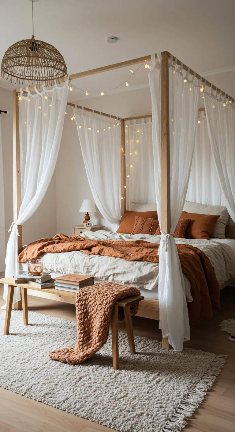 Cama con dosel de madera, cortinas blancas transparentes y luces de hadas cálidas.