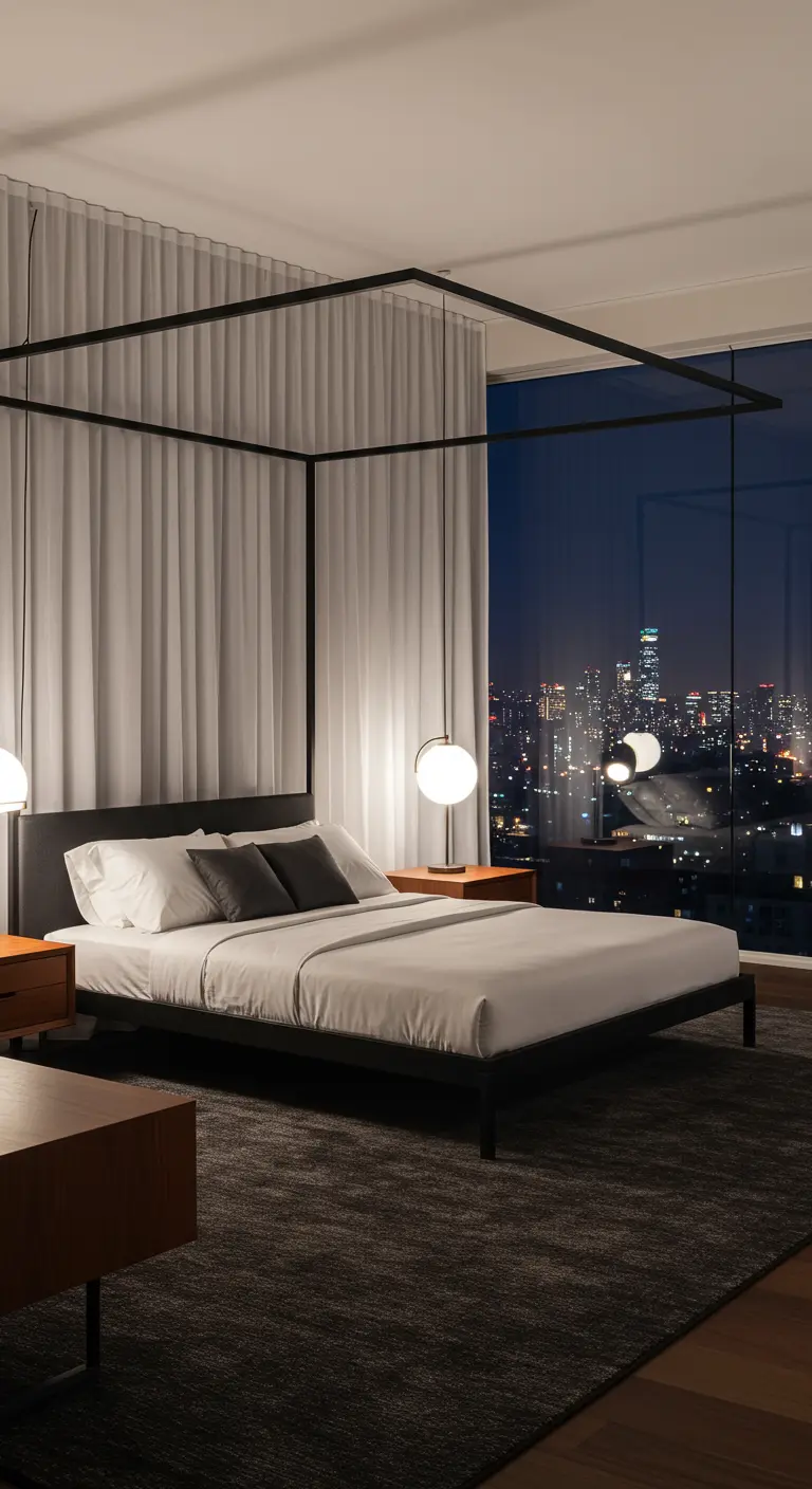 Dormitorio con cama con dosel de metal negro y grandes ventanales con vistas a la ciudad.