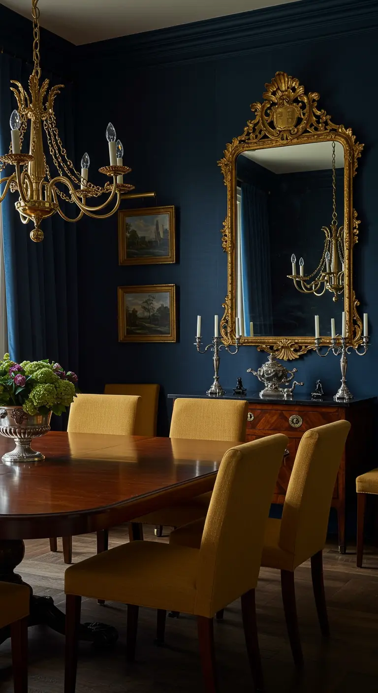 Comedor elegante con paredes azul marino, un gran espejo dorado y sillas tapizadas en mostaza.