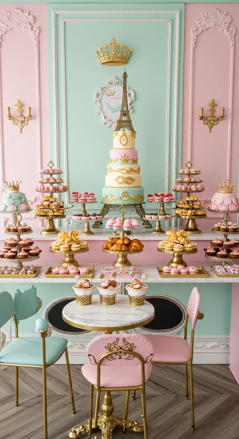 Mesa de postres parisina con tonos pastel, detalles dorados y una tarta con la Torre Eiffel.