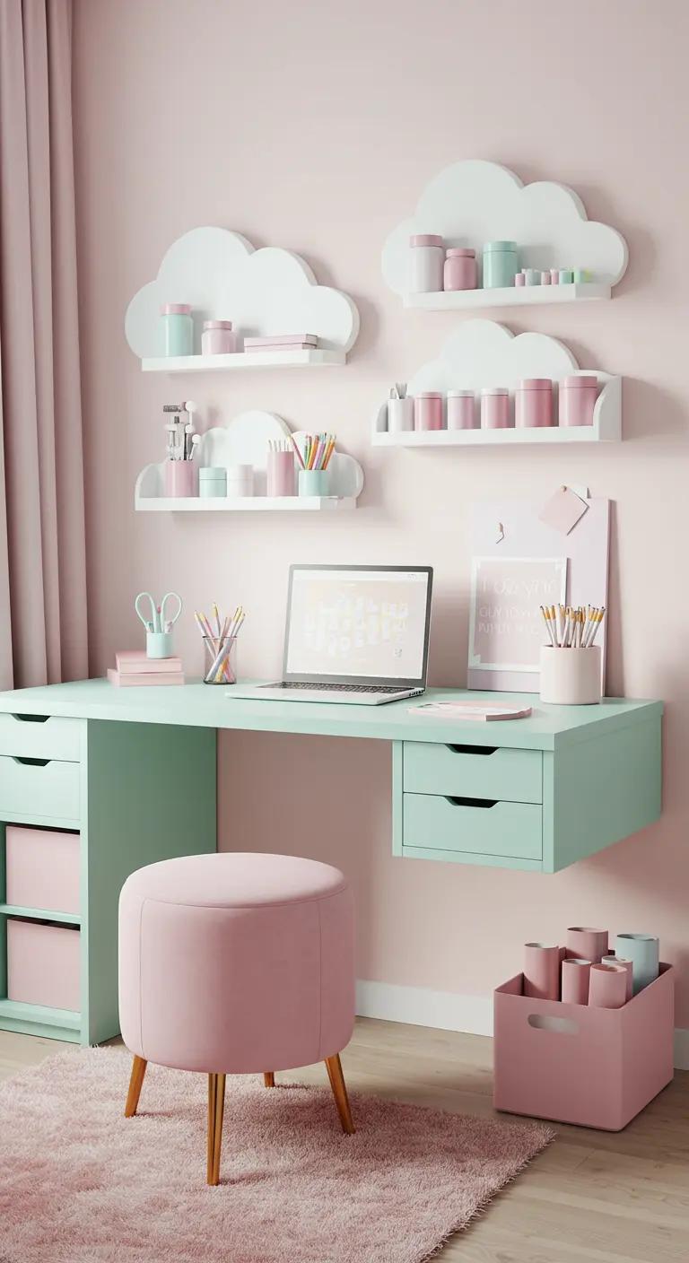 Rincón de trabajo en tonos pastel rosa y menta con estanterías en forma de nube y taburete rosa.