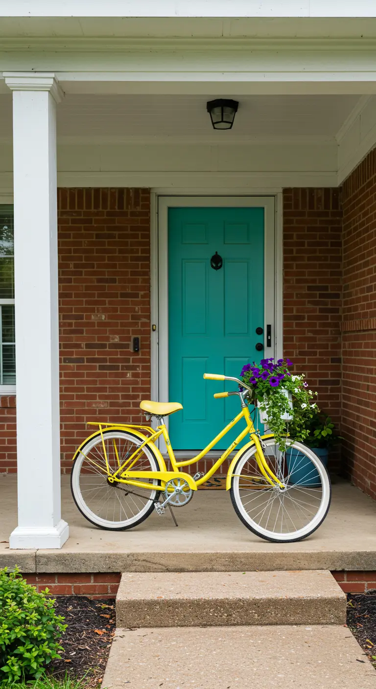Bicicleta amarilla brillante con flores moradas frente a una vibrante puerta turquesa