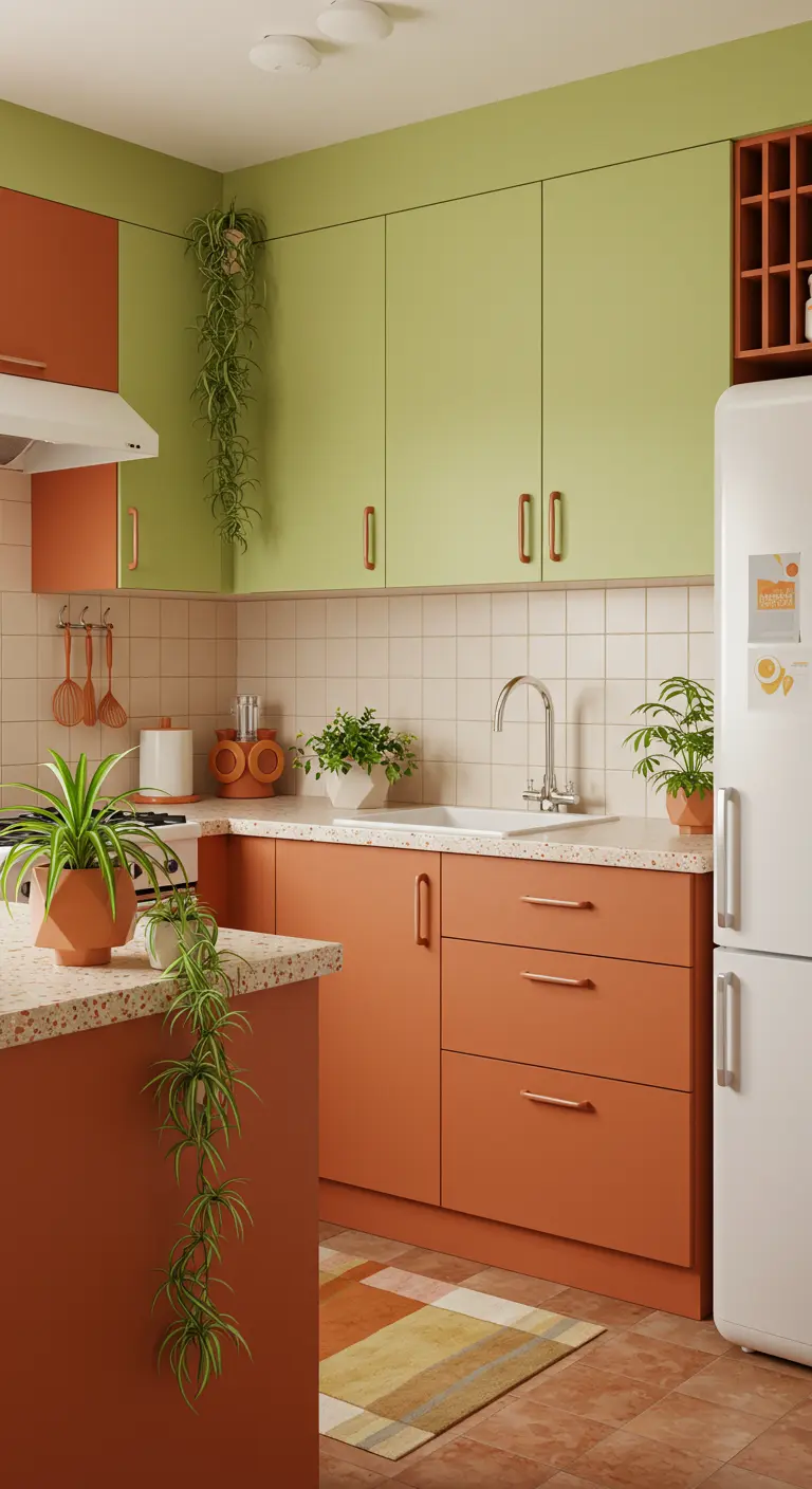 Cocina con una combinación de colores de gabinetes inferiores terracota y superiores verde menta.