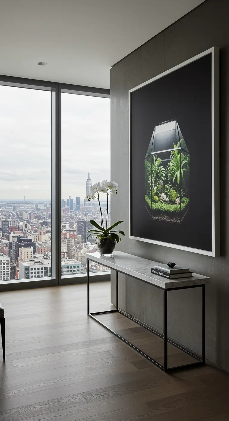 Fotografía grande de un terrario geométrico en un recibidor moderno con vistas a la ciudad