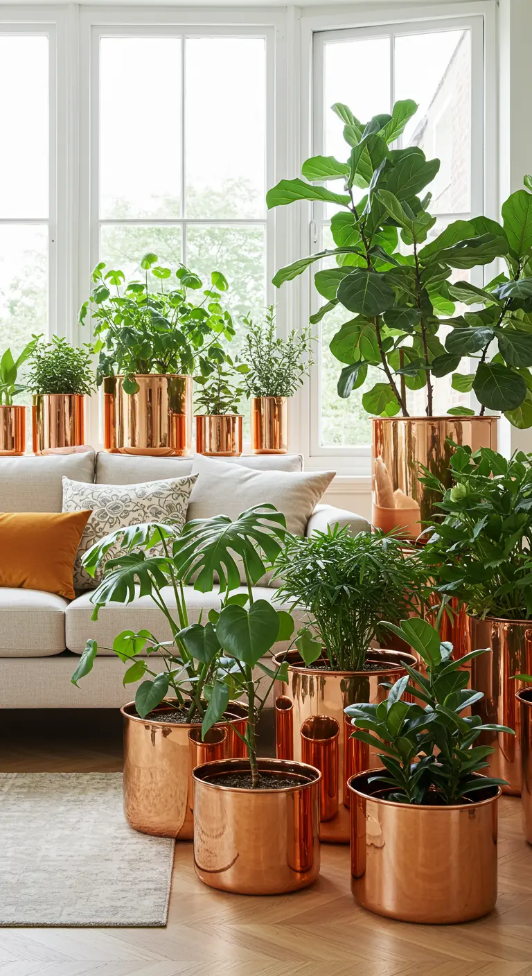 Grupo de plantas de interior en macetas de cobre pulido de varios tamaños.