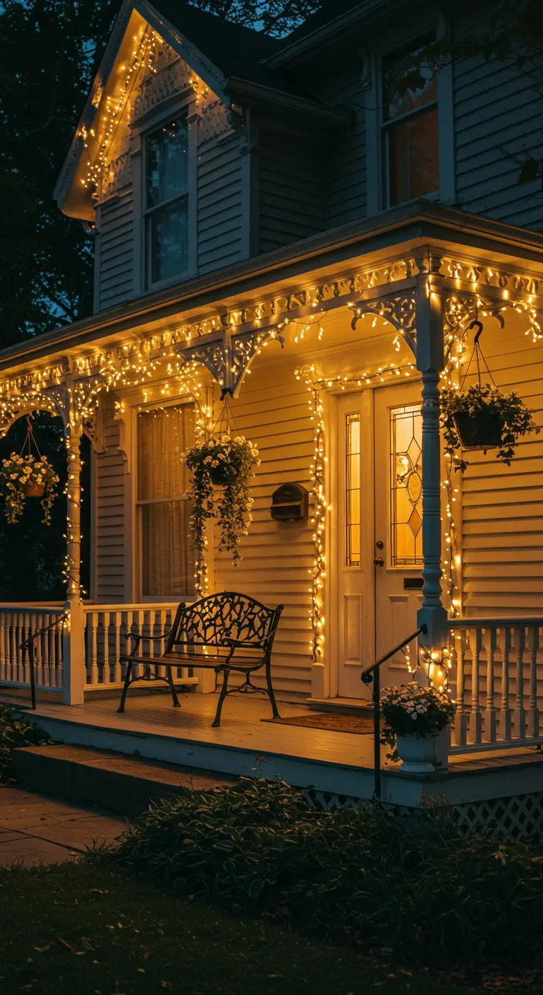Casa de estilo victoriano con el porche delineado por luces cálidas y cestas de flores colgantes.