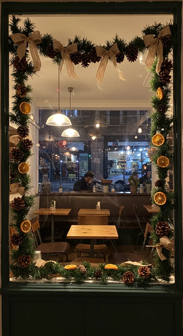 Guirnalda de pino, piñas y naranjas secas enmarcando la ventana de un café.