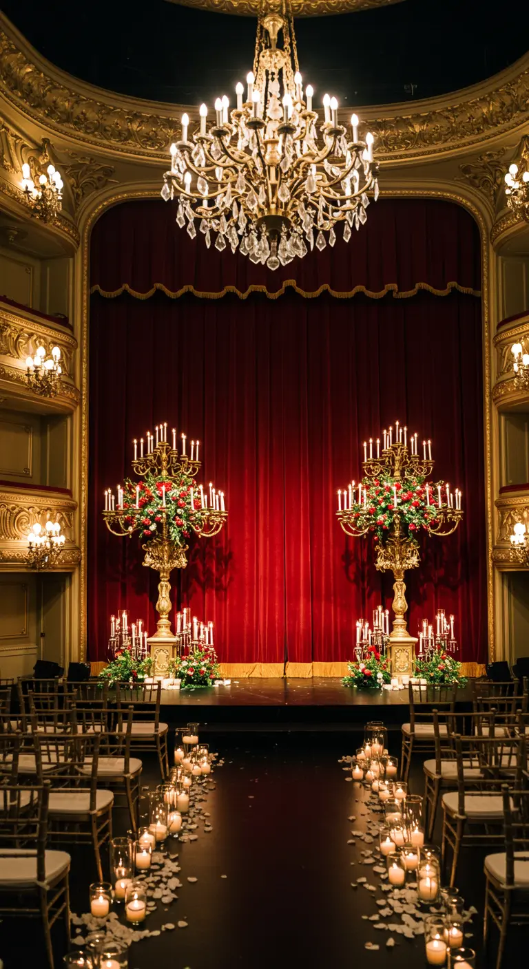 Escenario de teatro decorado para una boda con dos candelabros gigantes y un pasillo de velas.