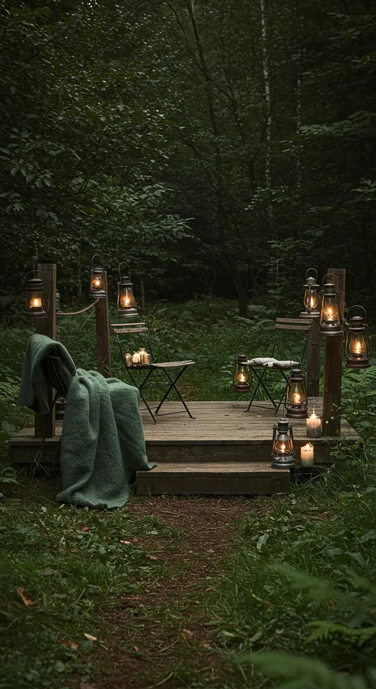 Pequeña tarima de madera en el bosque con sillas, una manta verde y faroles de aceite rústicos.