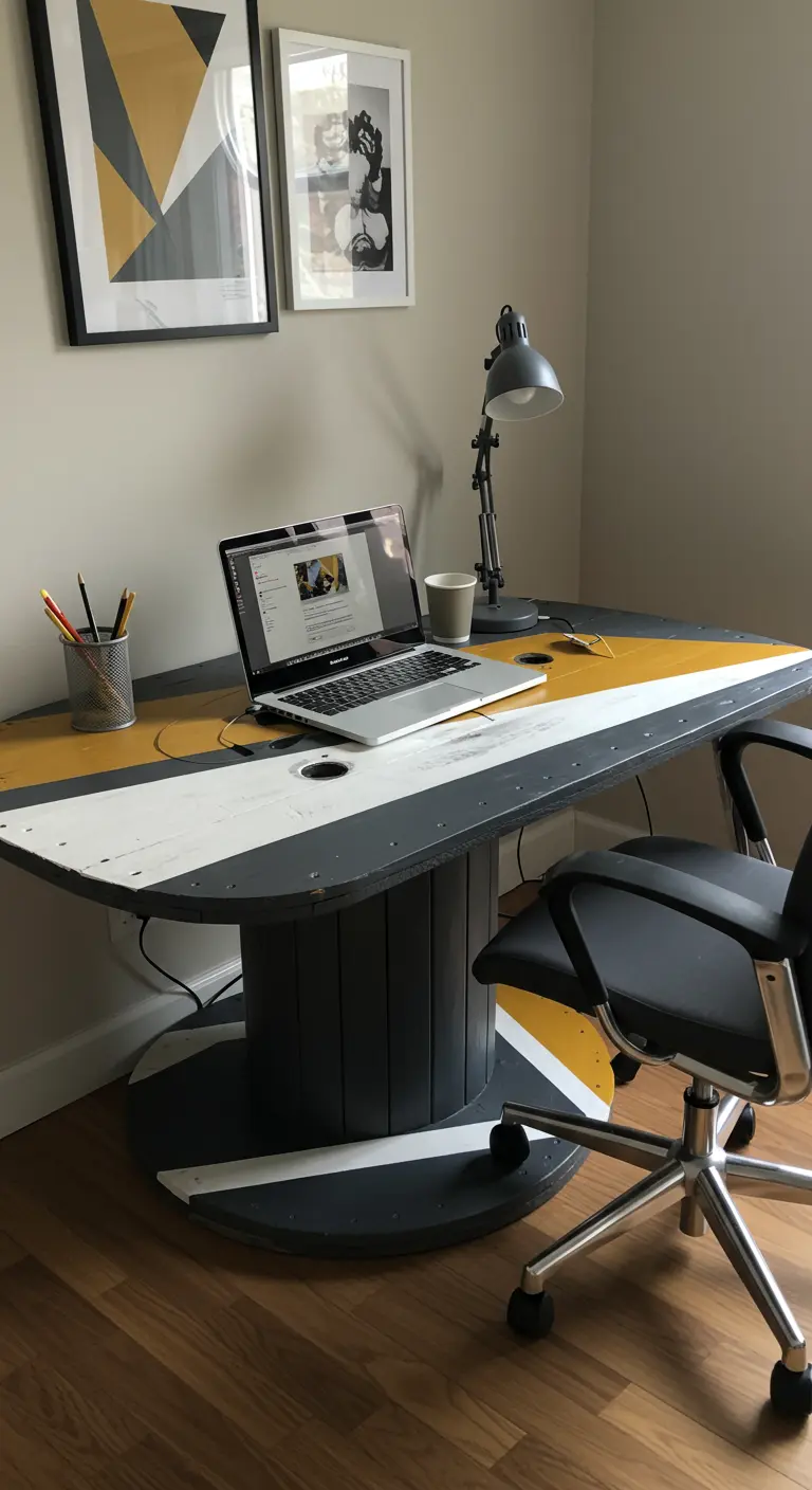 Carrete de cable pintado con un patrón geométrico en gris, blanco y amarillo, usado como escritorio.