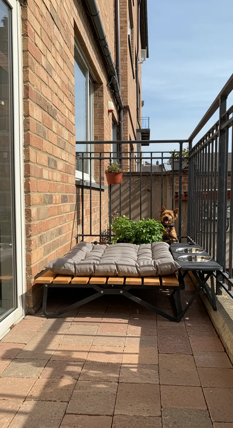 Cama plegable para perro con colchoneta y comederos integrados en un balcón.