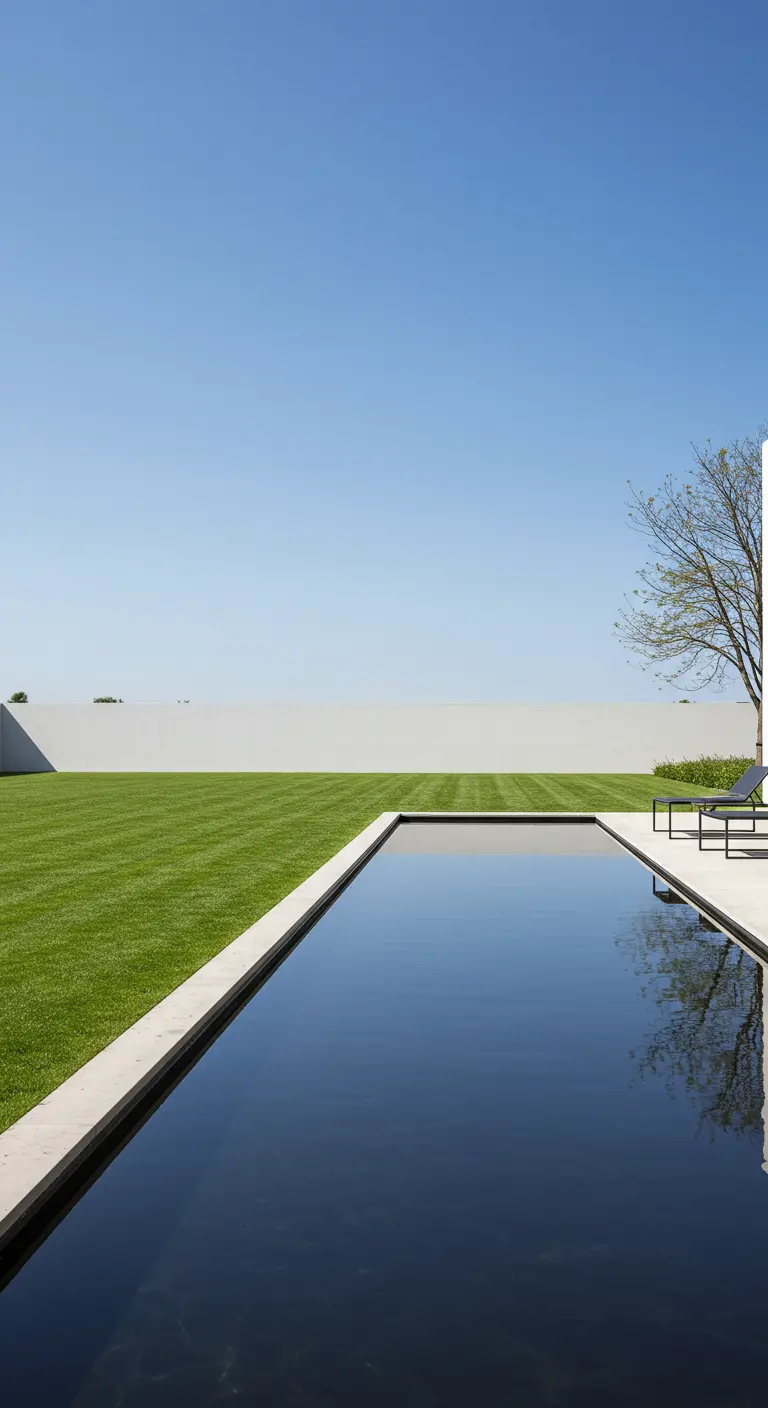 Piscina rectangular minimalista con borde de hormigón claro junto a un césped perfectamente cortado.