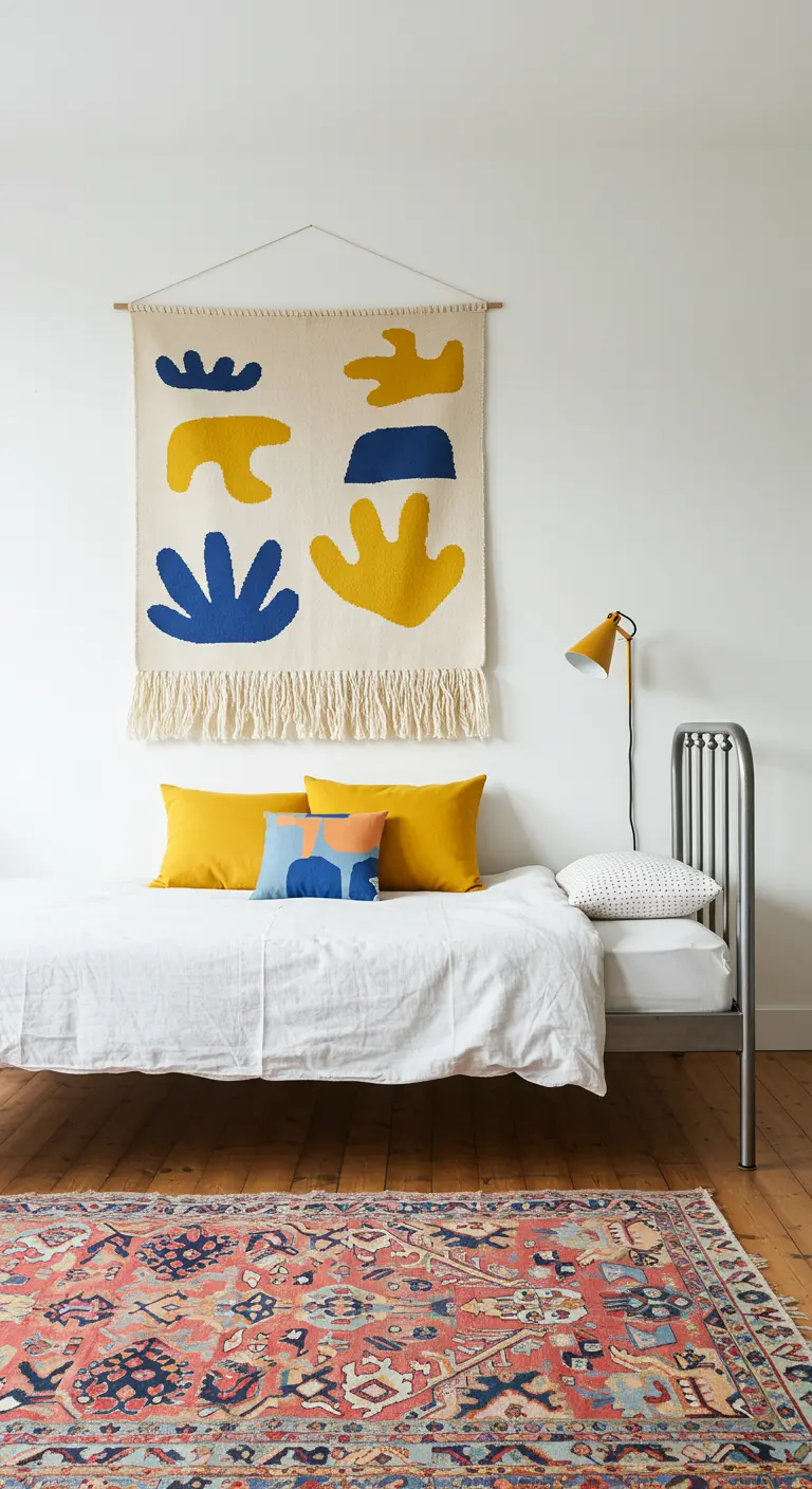 Dormitorio luminoso con un tapiz de formas abstractas en azul y amarillo sobre la cama.