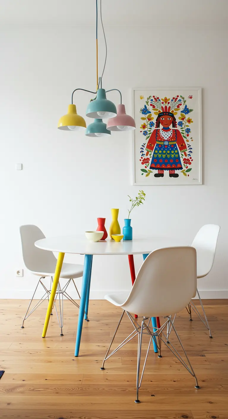 Comedor divertido con mesa de patas de colores y lámpara de varias pantallas de colores.