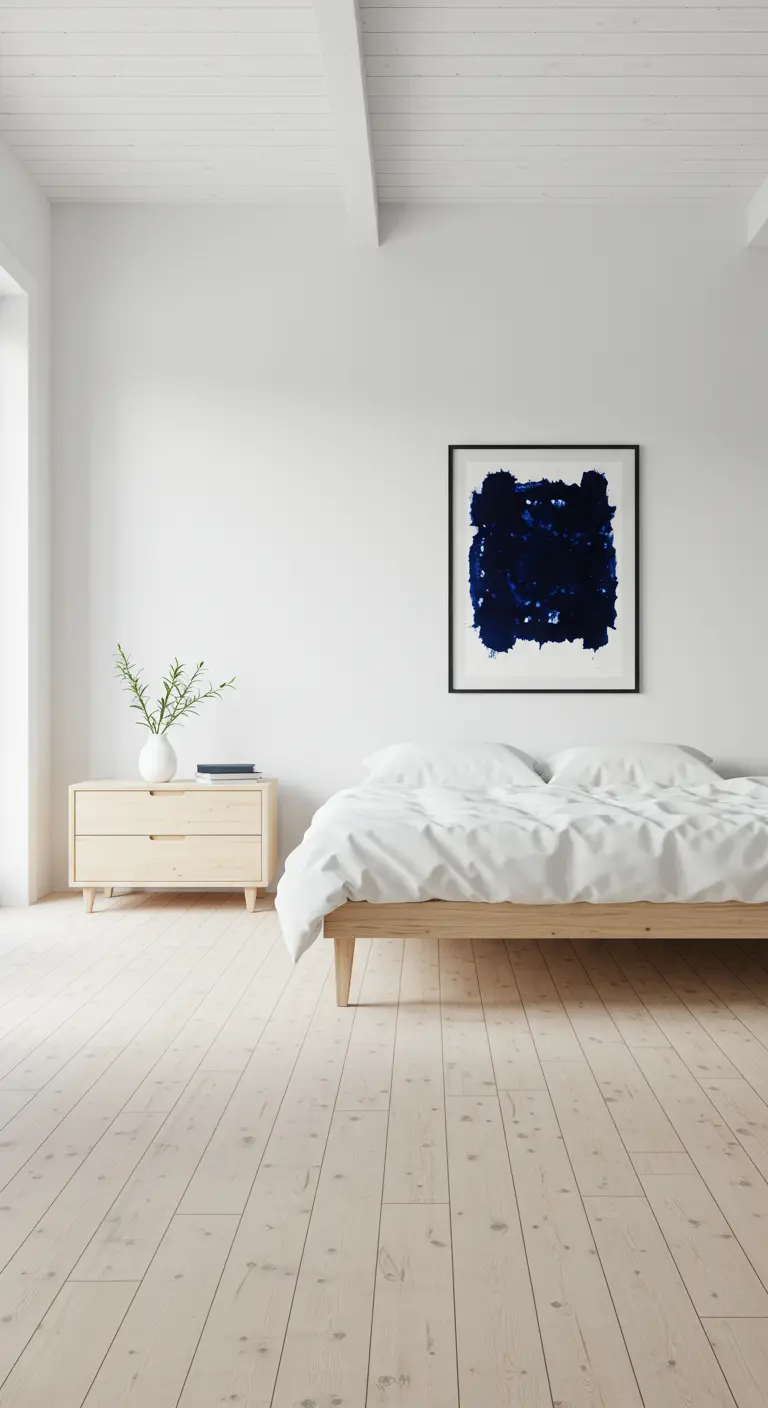 Dormitorio minimalista en blanco y madera con un gran cuadro abstracto azul sobre la cama.
