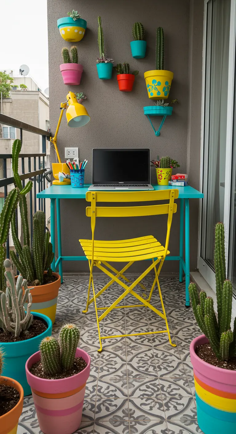 Oficina en balcón muy colorida con mesa turquesa, silla amarilla y macetas pintadas a mano