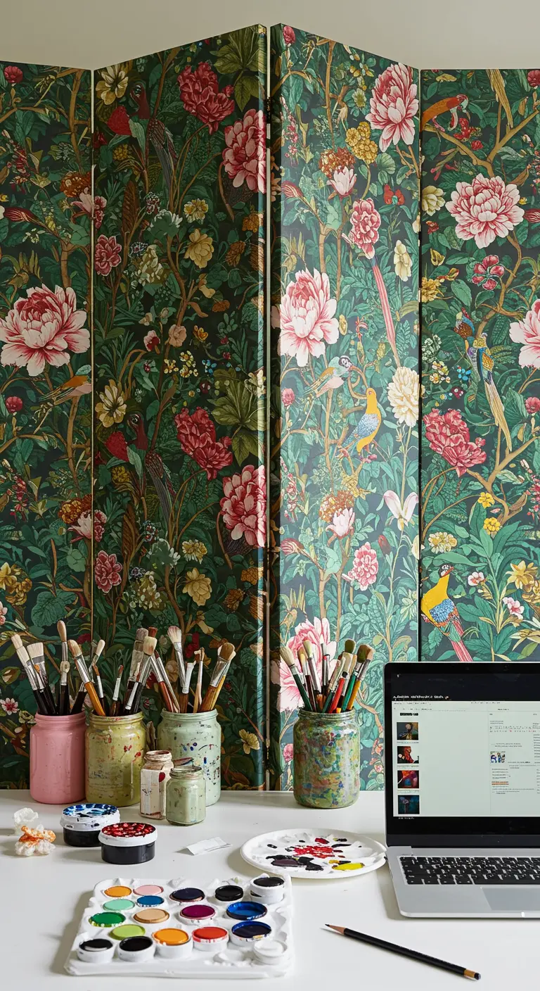 Rincón de arte con un biombo floral muy colorido y una mesa llena de acuarelas.