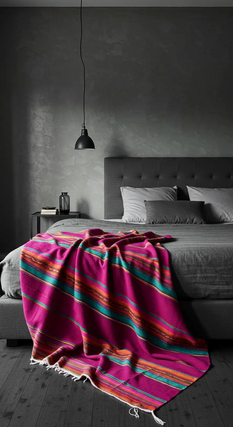 Dormitorio de tonos grises con una vibrante manta de lana fucsia con rayas de colores.