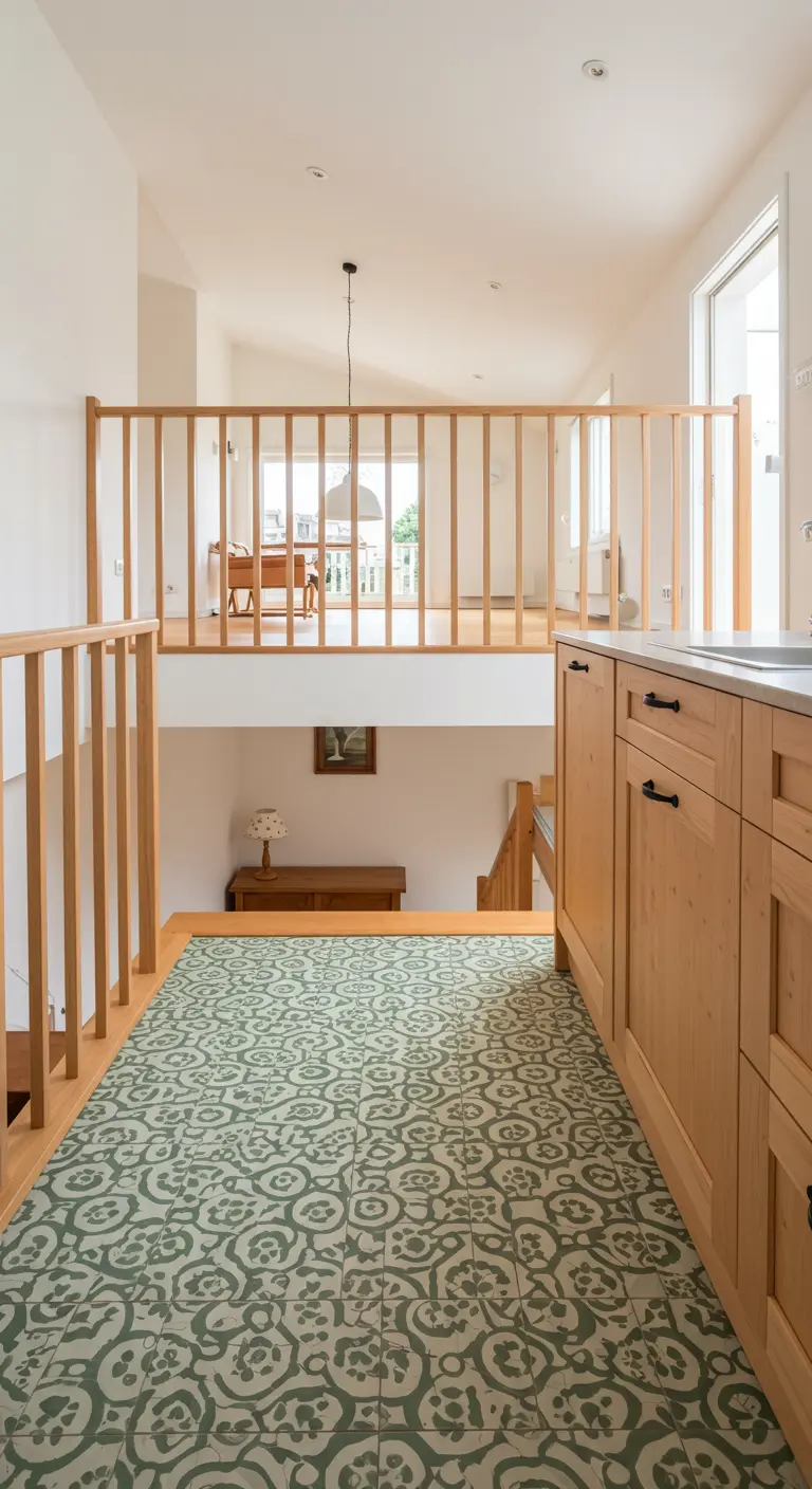Espacio de dos niveles con suelo de baldosas con patrón vegetal verde y barandilla de madera.