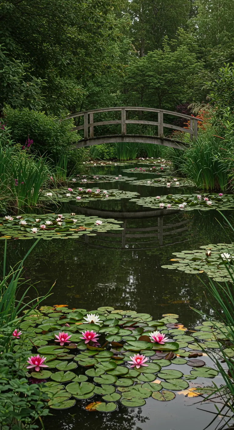 Estanque de jardín con nenúfares blancos y rosas en flor y un pequeño puente de madera.