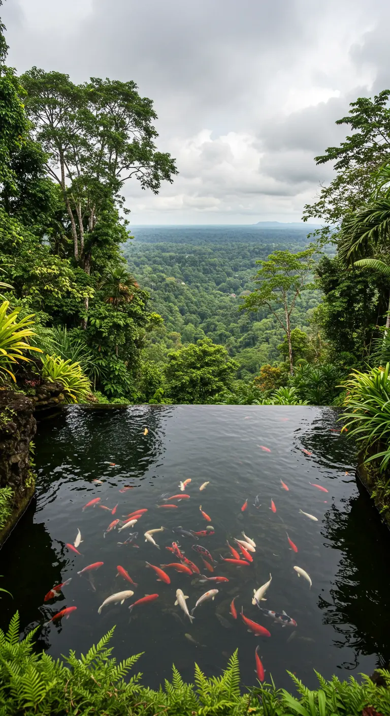 Estanque infinito con peces koi en el borde de una colina con vistas a una selva.