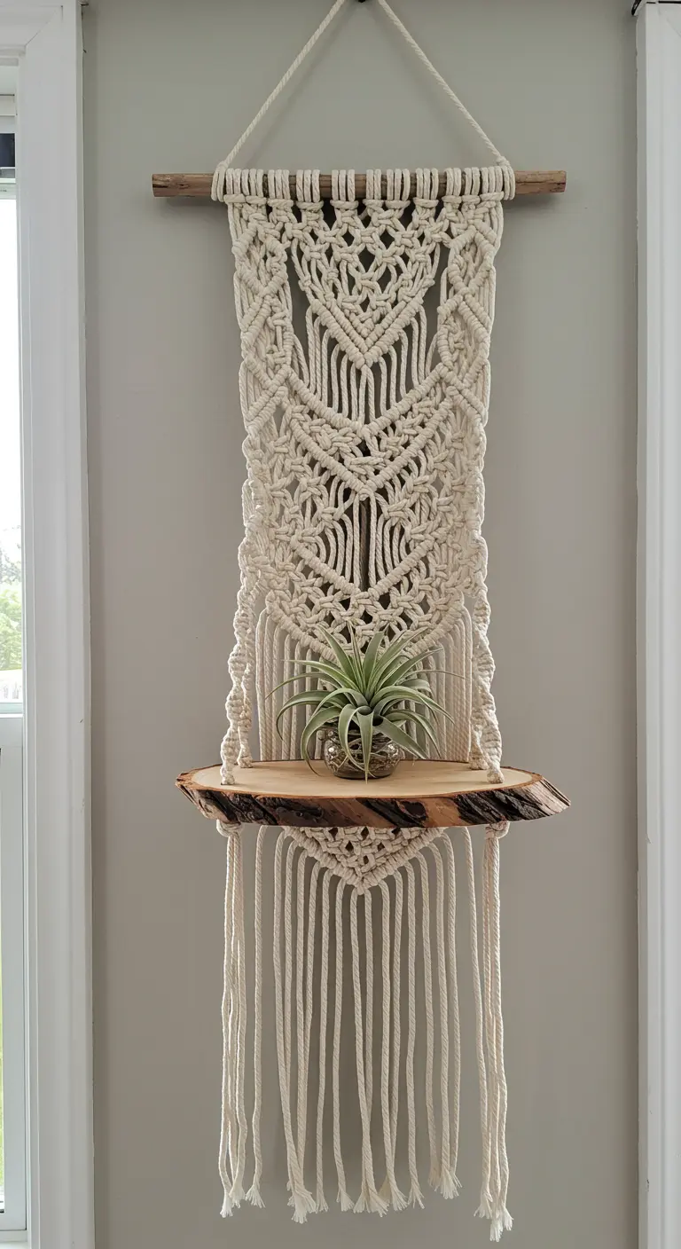 Colgador de pared de macramé con un estante de madera integrado que sostiene una pequeña planta de aire.