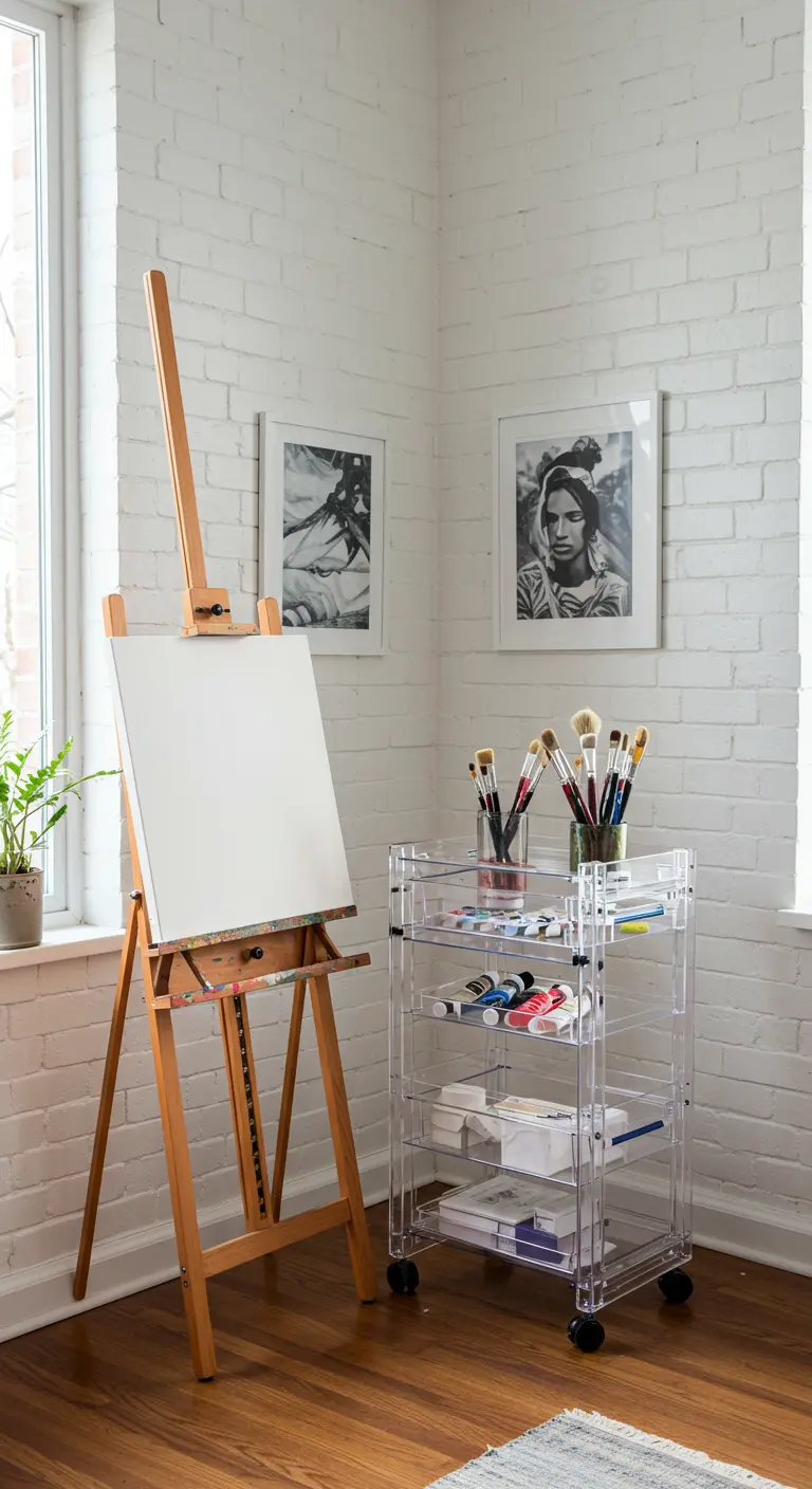 Carrito de acrílico con ruedas junto a un caballete, lleno de materiales de arte