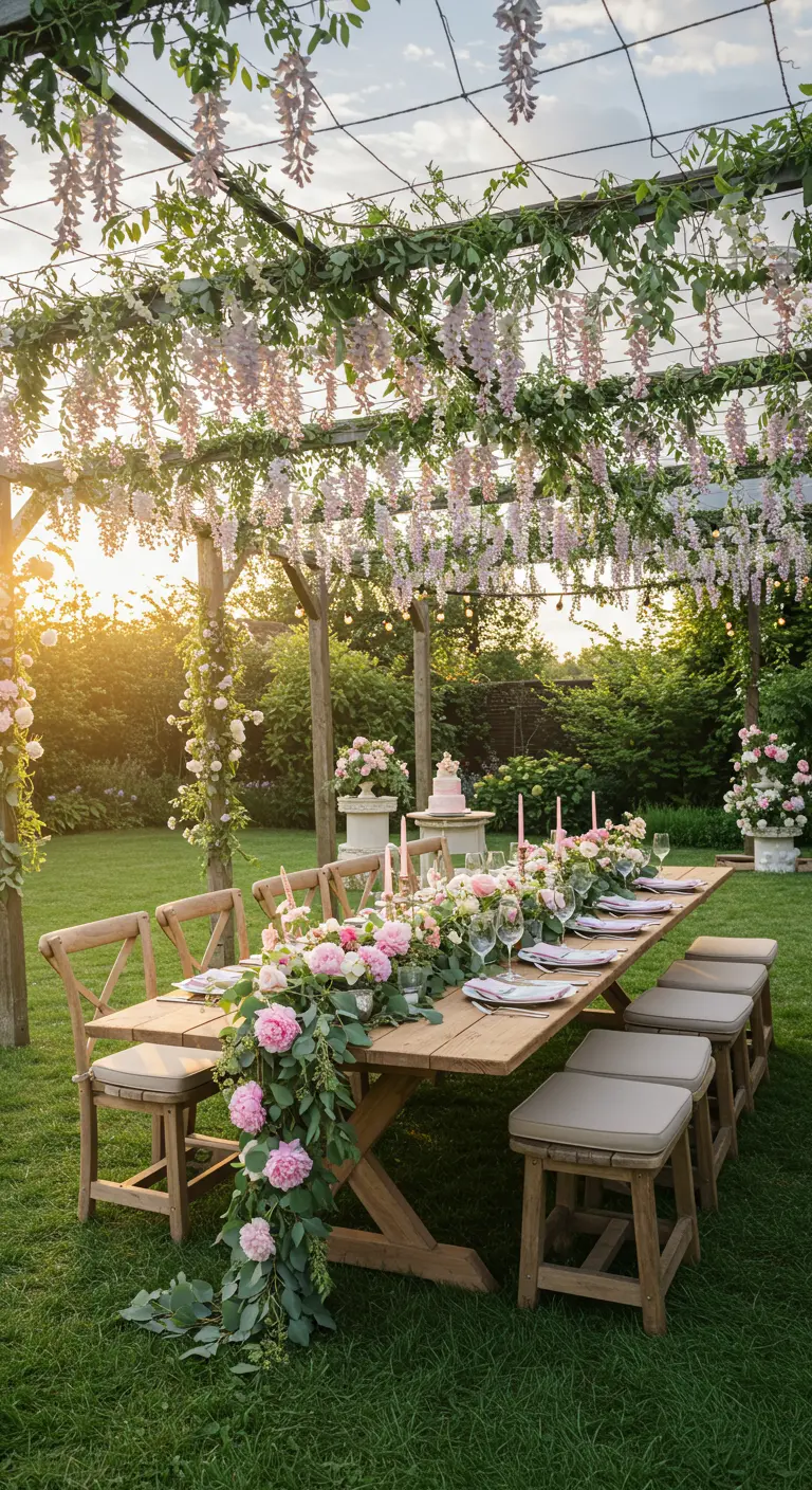 Mesa de comedor rústica en un jardín bajo una pérgola cubierta de glicinas.