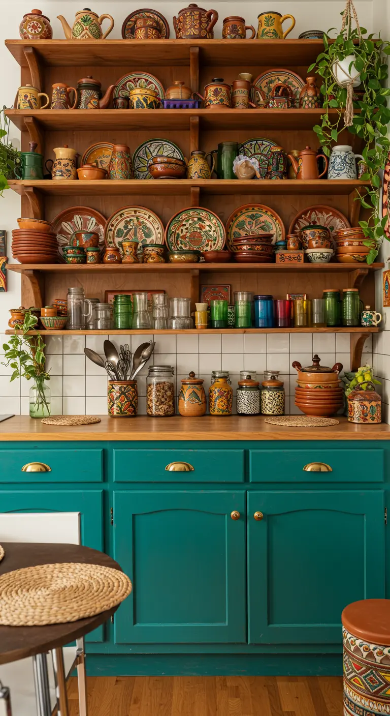 Estanterías de madera repletas de cerámica artesanal colorida y plantas, sobre gabinetes verde azulado.