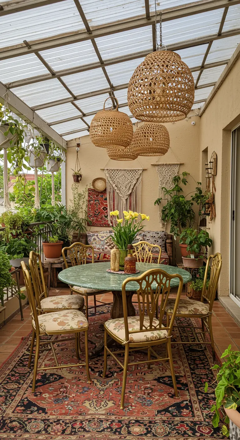 Porche bohemio con plantas, macramé, una mesa de mármol verde y una gran alfombra persa