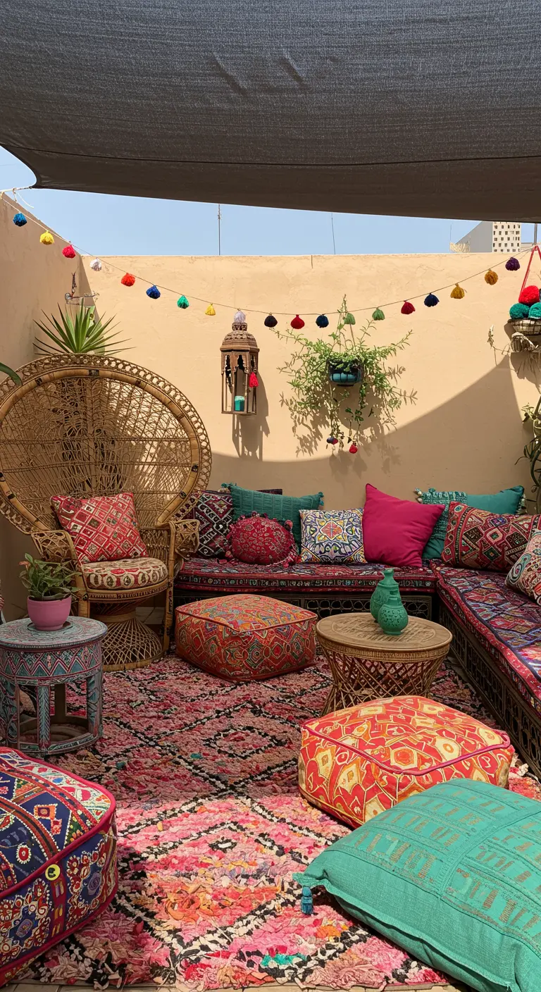 Patio bohemio lleno de cojines de suelo de colores, pufs y una silla pavo real de mimbre.