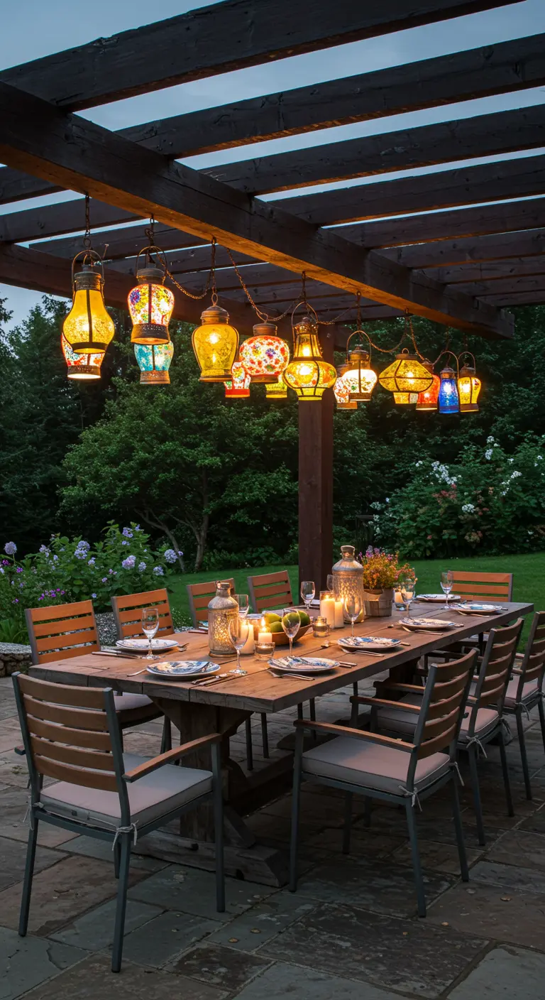 Mesa de comedor exterior bajo una pérgola con un racimo de faroles de colores