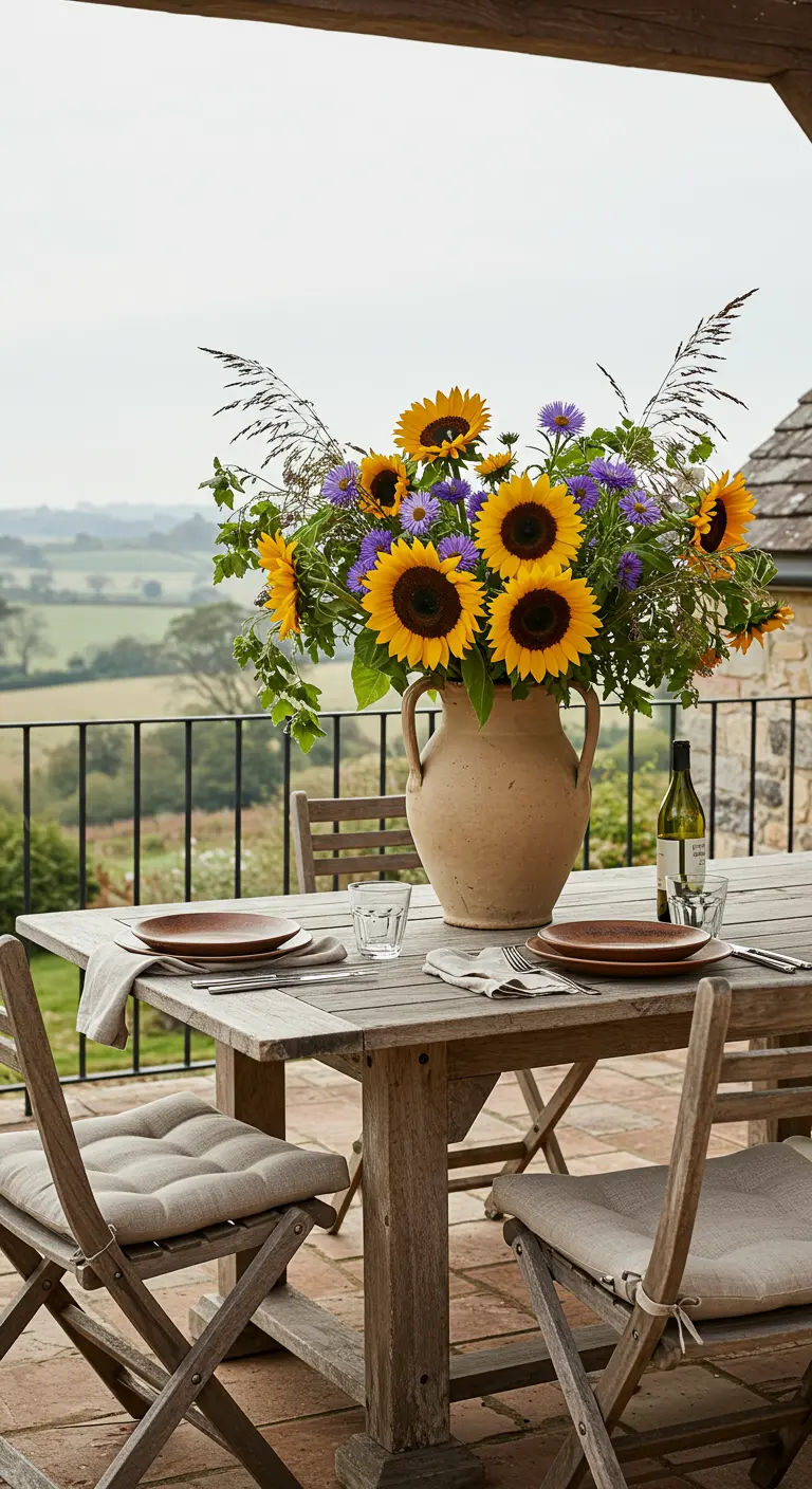 Mesa de comedor de madera en una terraza con un gran jarrón de terracota lleno de girasoles.