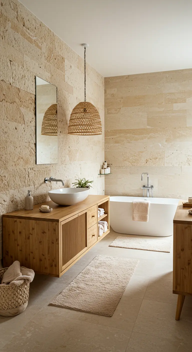 Baño con pared de piedra natural, mueble de bambú y lámpara colgante de mimbre