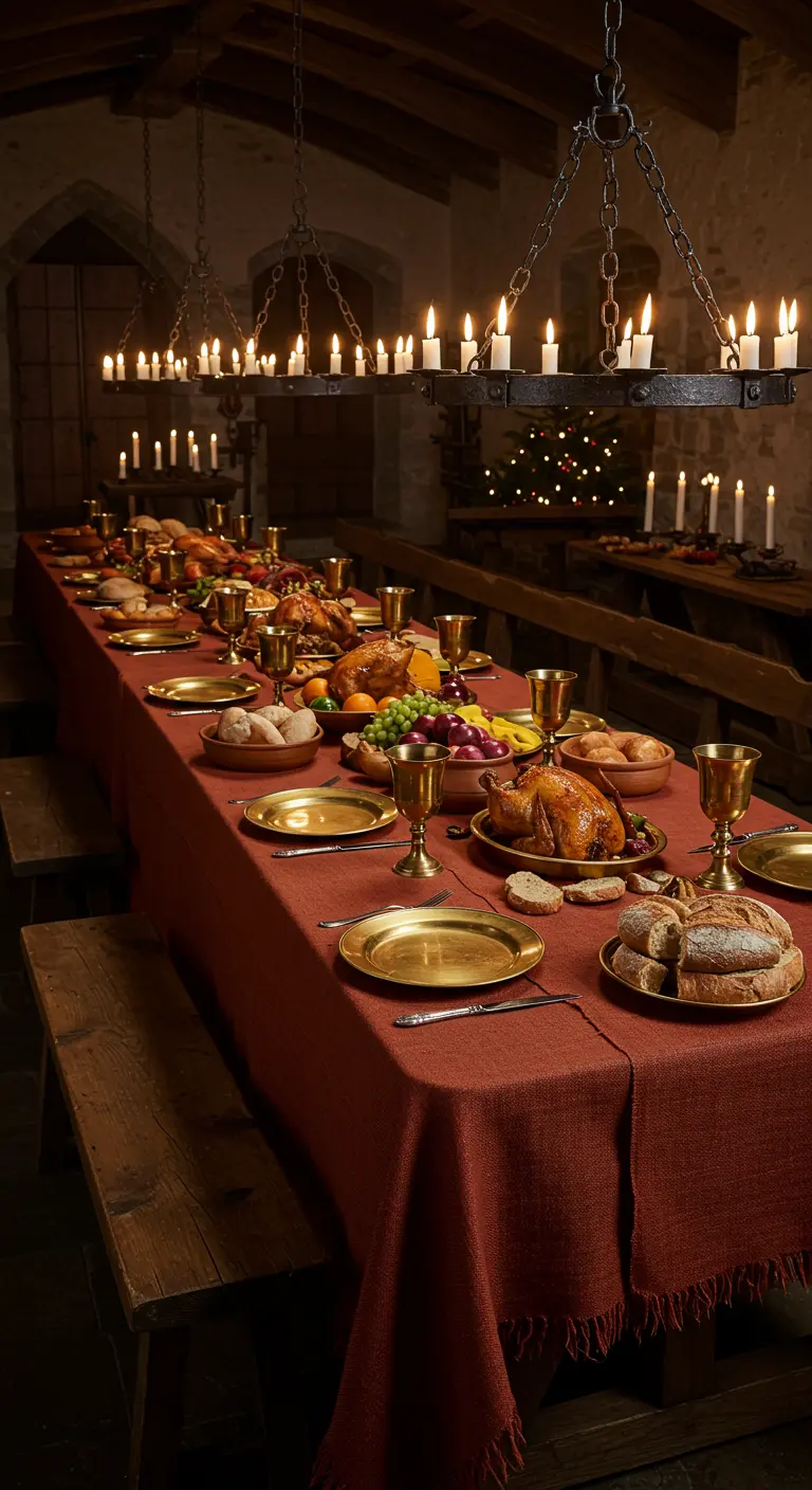 Larga mesa de banquete medieval con mantel rojo, copas doradas y pollos asados.