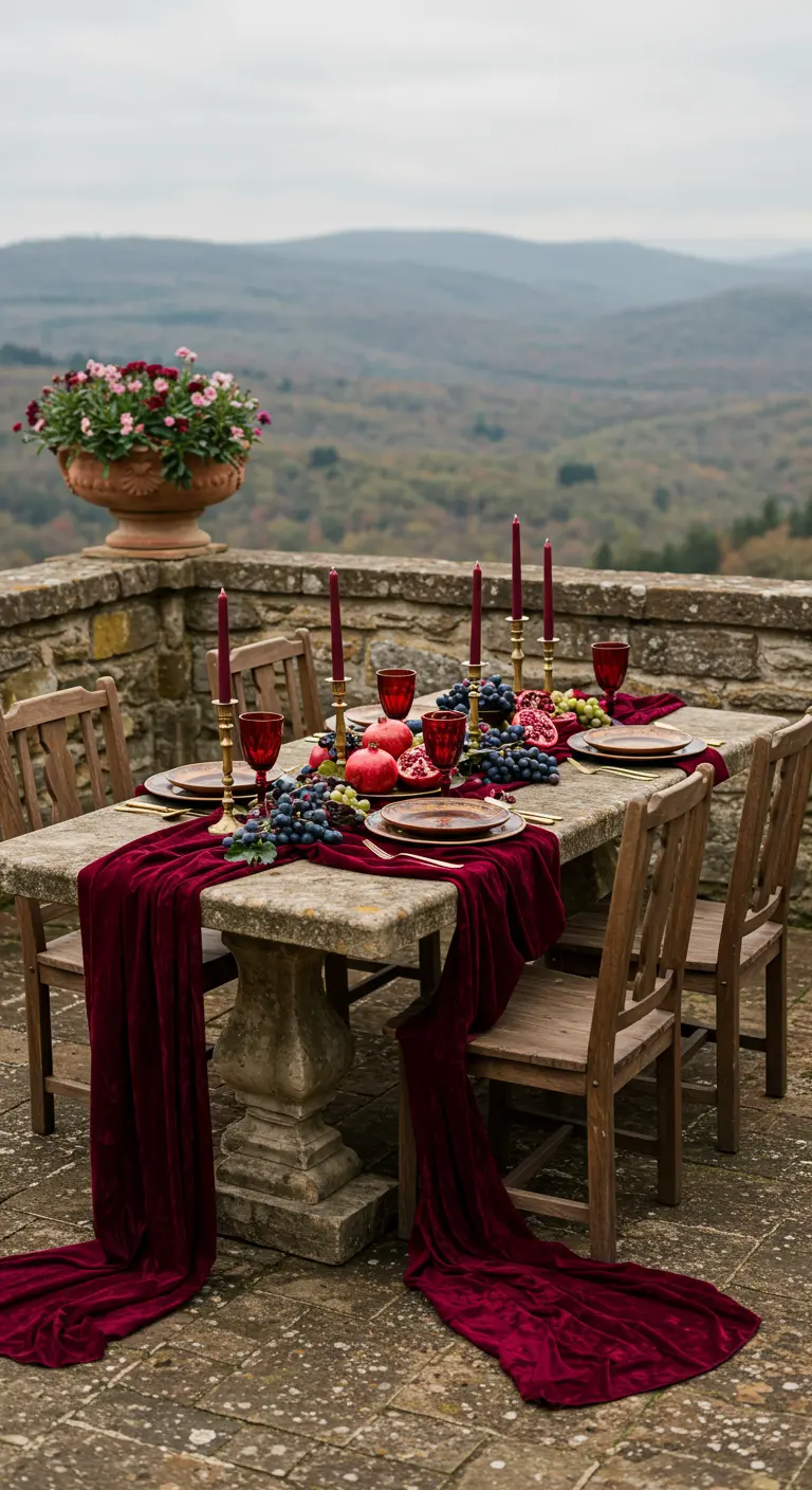 Mesa de piedra en una terraza con un camino de mesa de terciopelo burdeos y frutas oscuras.