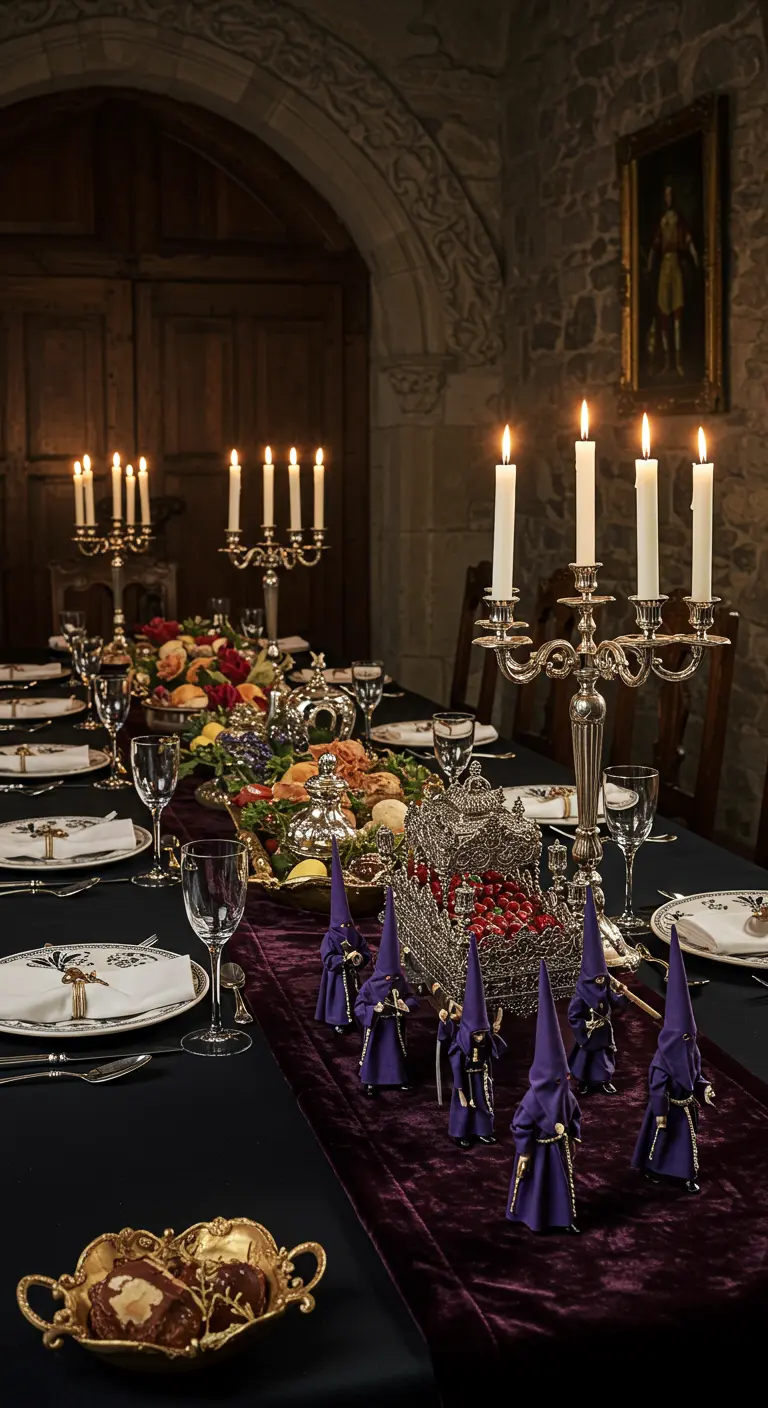 Mesa de banquete señorial con candelabros y una procesión de figuras moradas.