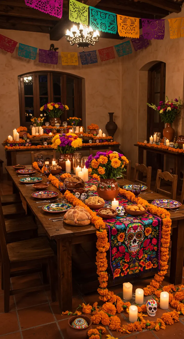 Mesa de Día de Muertos con flores de cempasúchil, velas y calaveras de azúcar.