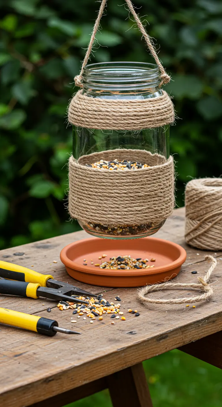 Comedero para pájaros hecho con un frasco de vidrio, yute y un platillo de terracota.