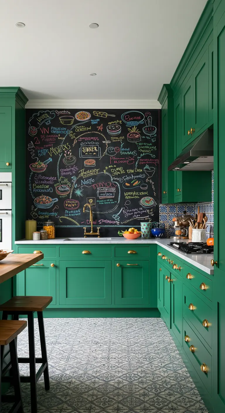 Cocina verde vibrante con una pared de pizarra completamente cubierta de dibujos y textos coloridos sobre comida.