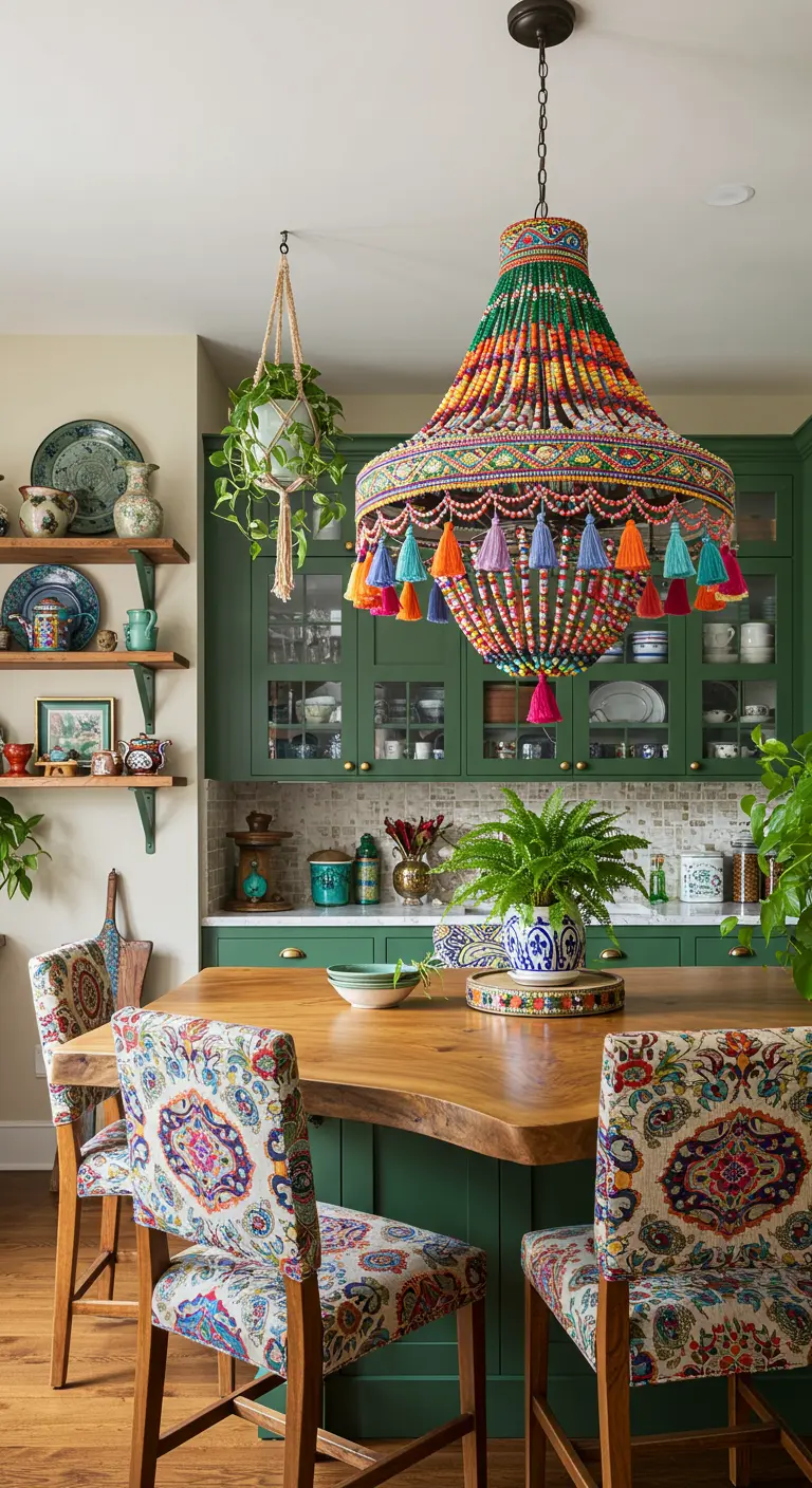 Cocina bohemia con un gran candelabro de cuentas de colores y borlas sobre una mesa de madera.