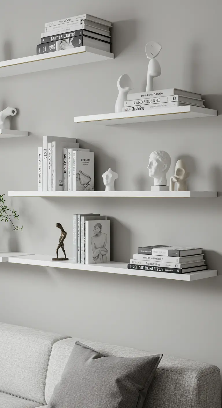 Estantes flotantes blancos con un delgado borde dorado que exhiben objetos decorativos.