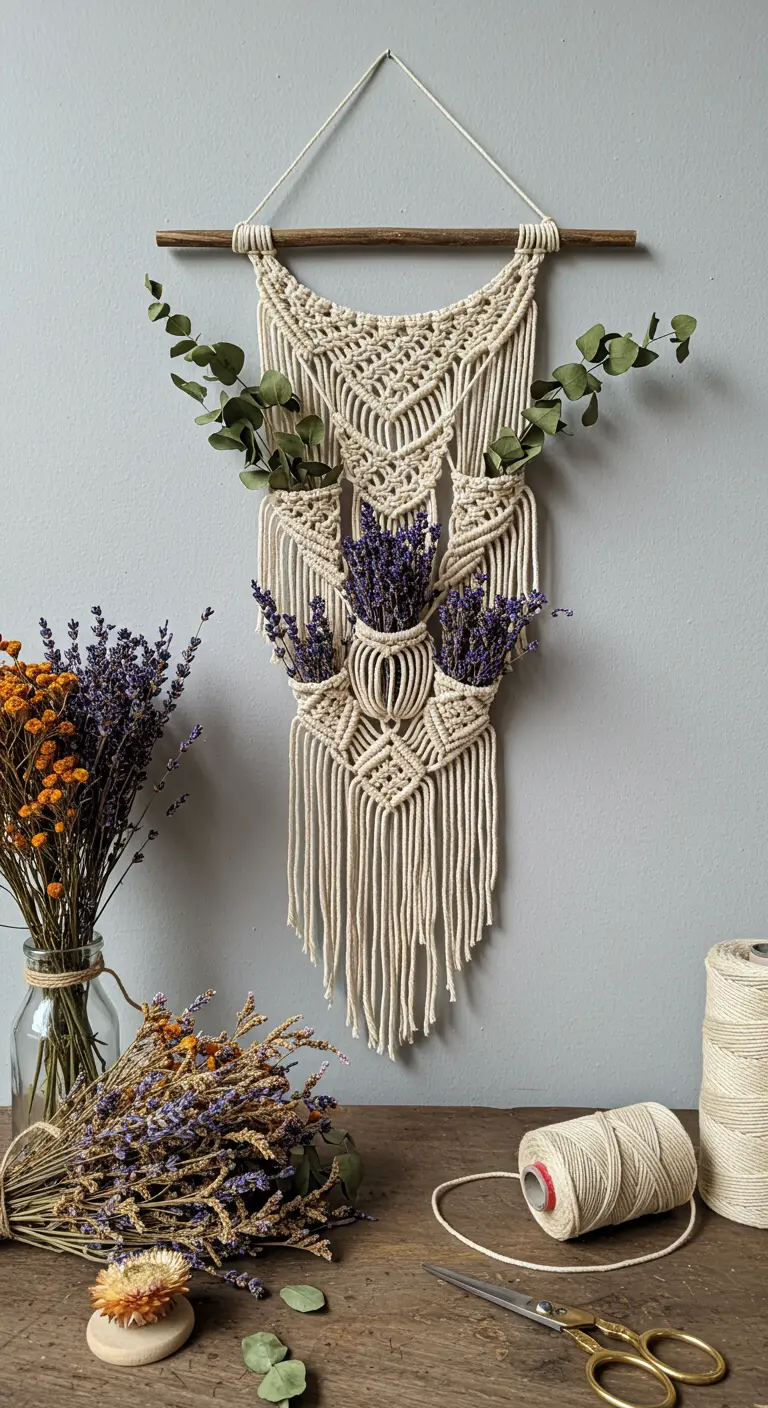 Tapiz de macramé con bolsillos integrados para sostener ramas de lavanda y eucalipto